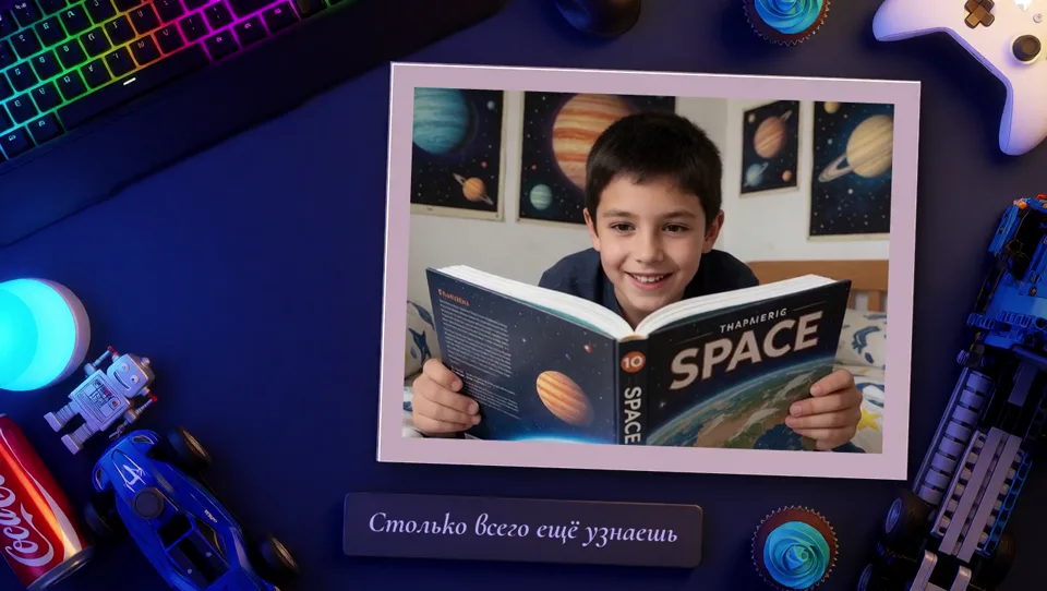 Горизонтальный снимок: с книгой, подпись «Столько всего ещё узнаешь»