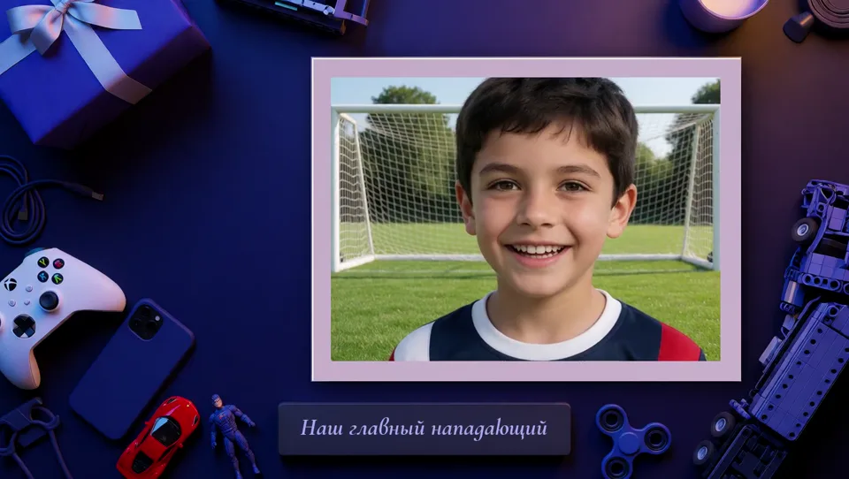 Горизонтальный снимок: футбол, подпись «Наш главный нападающий»