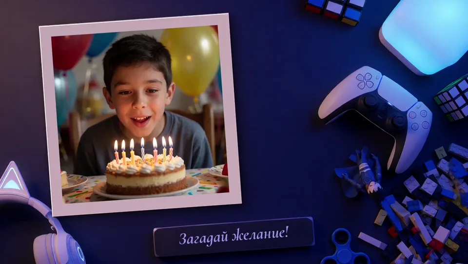 Тема «Геймер»: Квадратный снимок: торт, подпись «Загадай желание!»