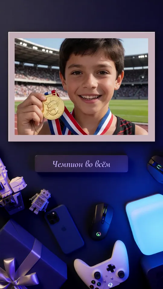 Горизонтальный снимок: с медалью, подпись «Чемпион во всём»