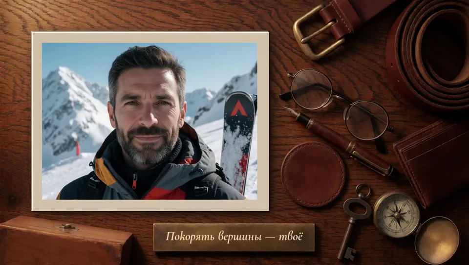 Горизонтальный снимок: горы и лыжи, подпись «Покорять вершины — твоё»