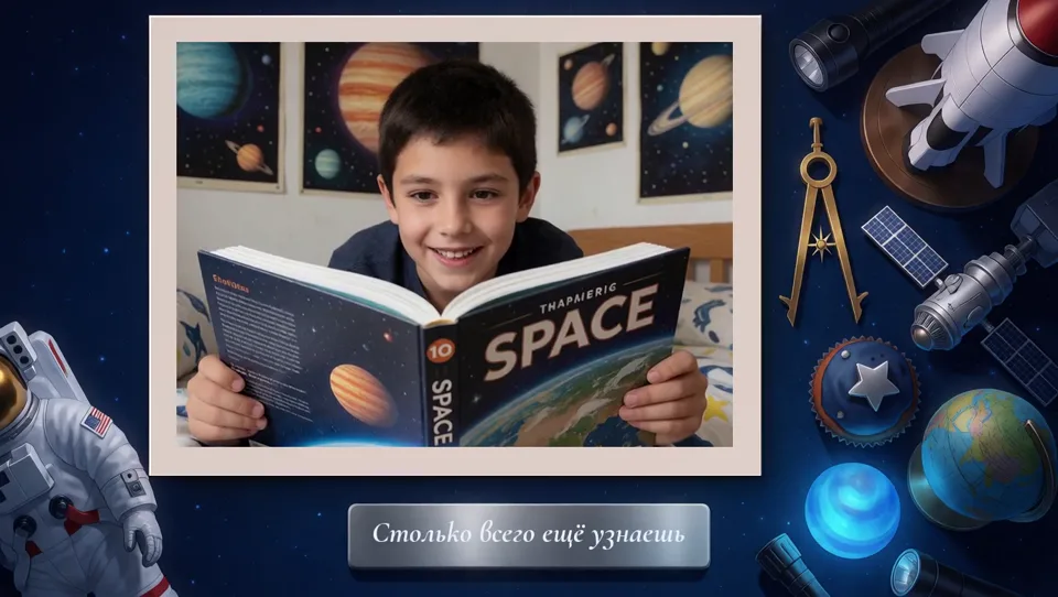 Горизонтальный снимок: с книгой, подпись «Столько всего ещё узнаешь»
