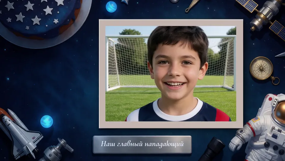 Горизонтальный снимок: футбол, подпись «Наш главный нападающий»