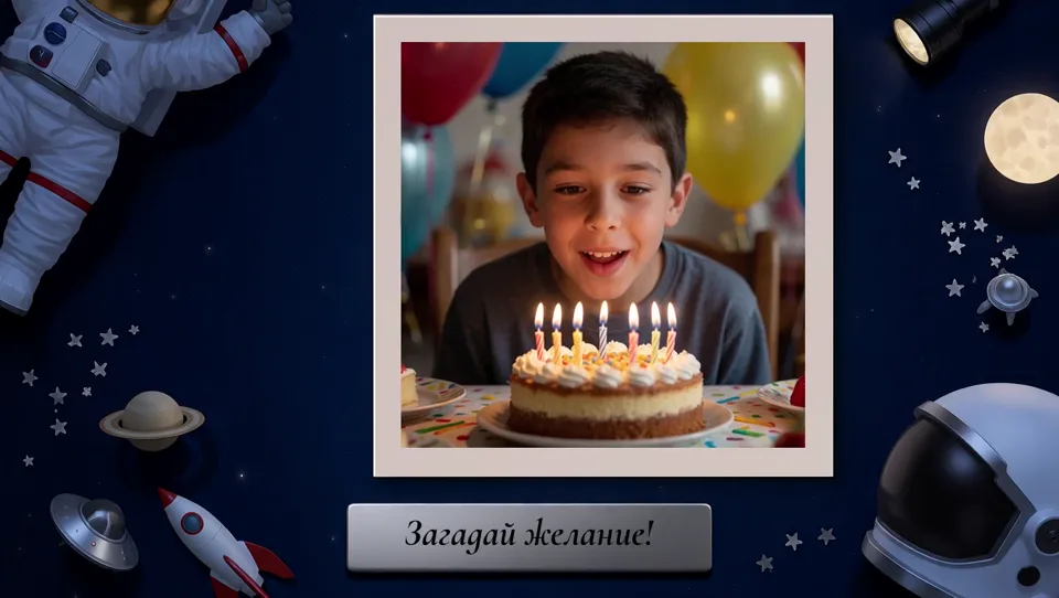 Тема «Космос»: Квадратный снимок: торт, подпись «Загадай желание!»