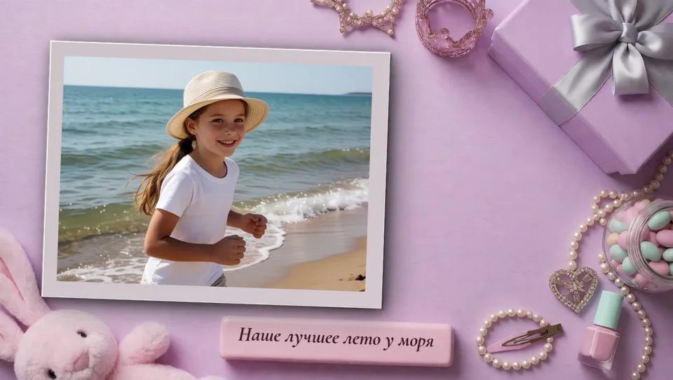 Горизонтальный снимок: у моря, подпись «Наше лучшее лето у моря»