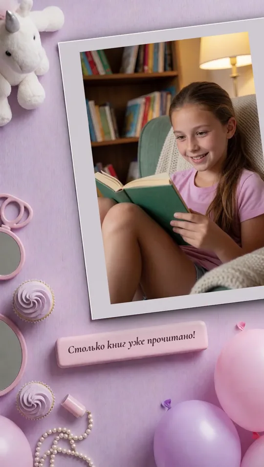Вертикальный снимок: с книгой, подпись «Столько книг уже прочитано!»