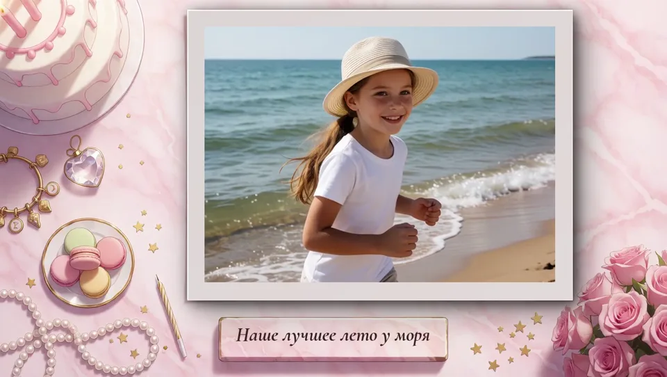 Горизонтальный снимок: у моря, подпись «Наше лучшее лето у моря»