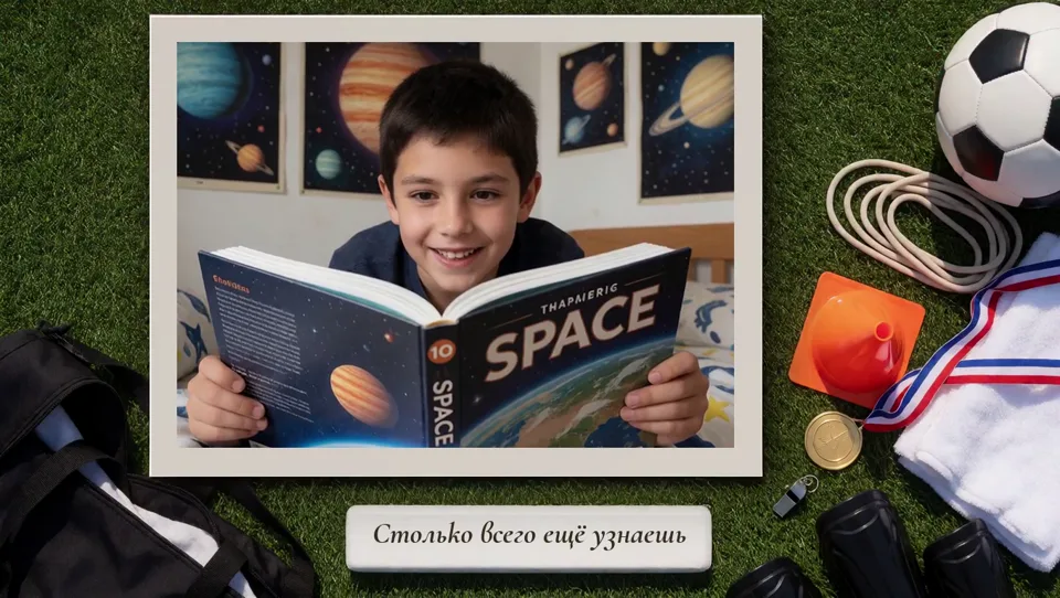 Горизонтальный снимок: с книгой, подпись «Столько всего ещё узнаешь»
