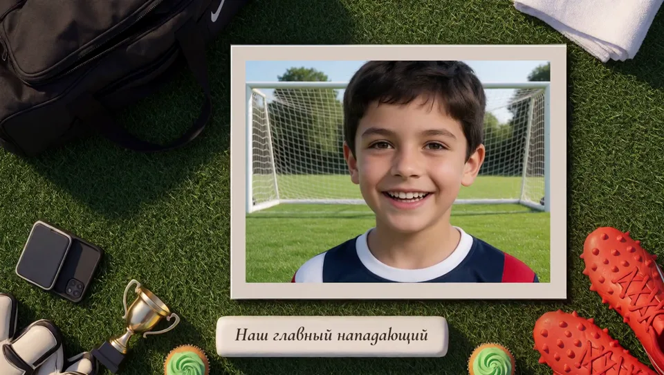 Горизонтальный снимок: футбол, подпись «Наш главный нападающий»