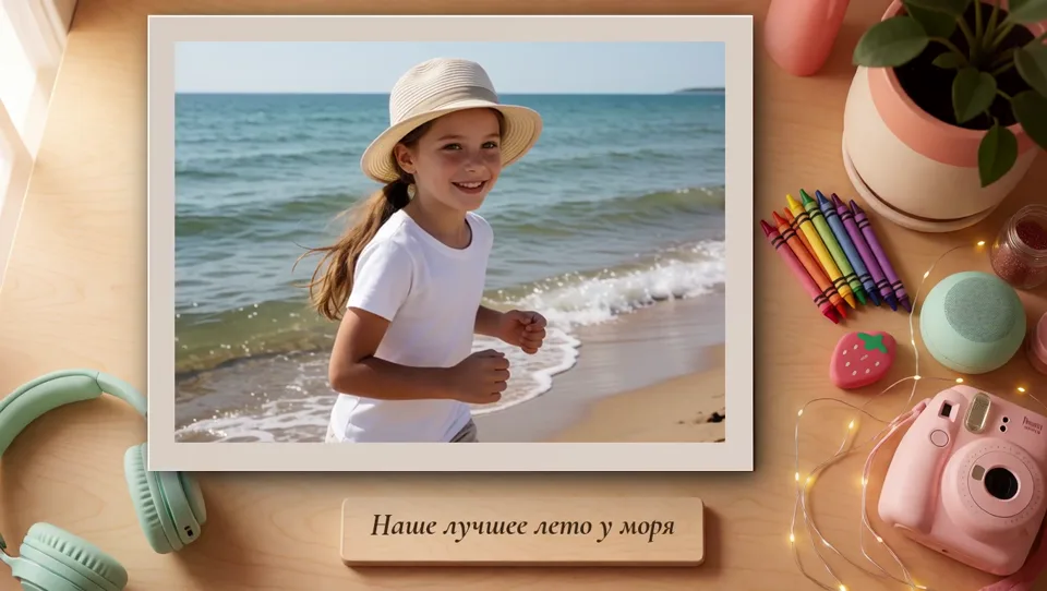 Горизонтальный снимок: у моря, подпись «Наше лучшее лето у моря»