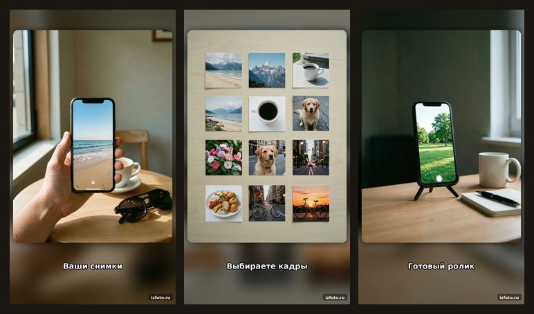 Три кадра ролика для соцсетей: телефон с фотографией, сетка снимков, экран с готовым видео
